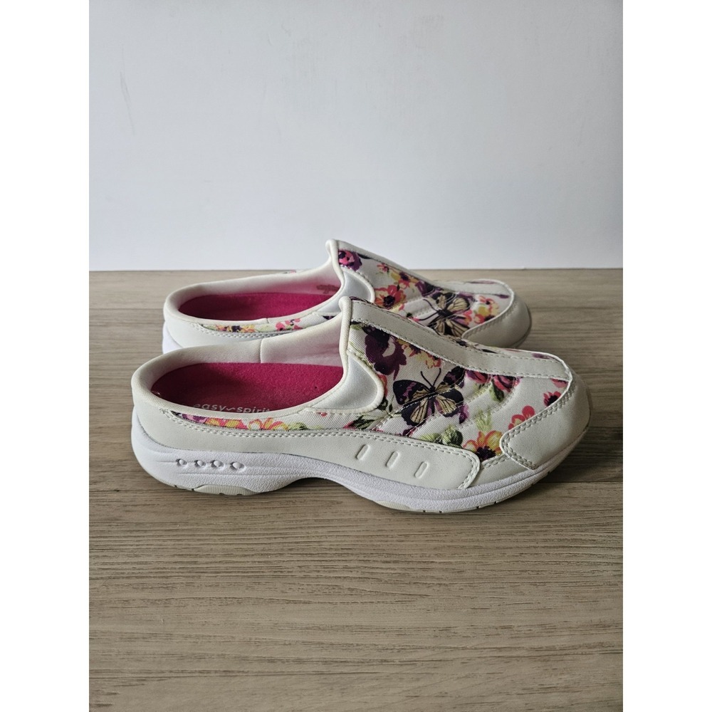 Easy Spirit Traveltime 576 Mules White Floral Butterfly Slip On Walking Sneakers